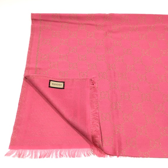 GUCCI GG Guccissima Long Scarf -Pink / Metallic Gold -Wool Modal Blend -NWT - Picture 7 of 8